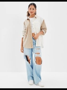 American Eagle Outfitters Beige and Cream Corduroy Trim Shirt